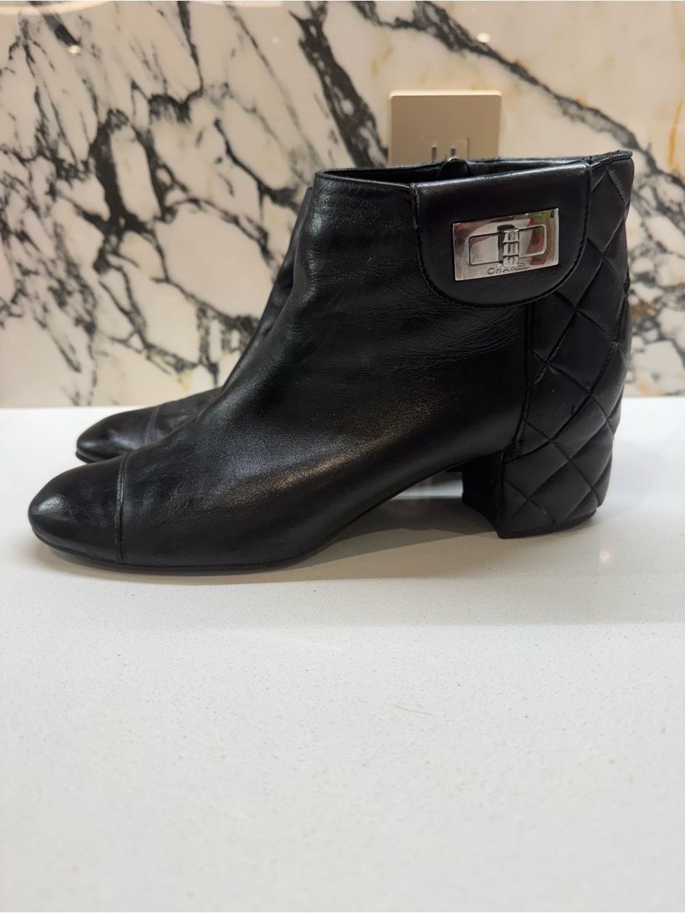 CHANEL Black Quilted Block Heel Ankle Boots - Women's